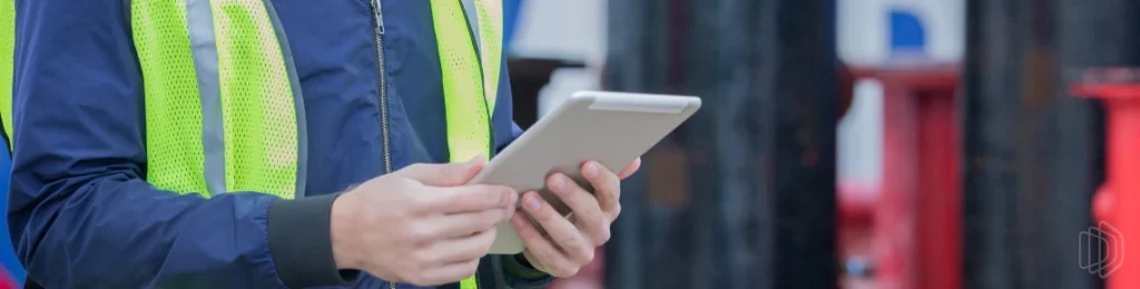 man in safety gear holding tablet